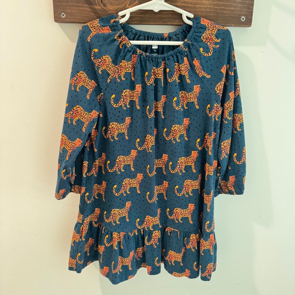 Tea Collection Girls Blue Leopard Polka Dot Long Sleeve Ruffle Dress Size 5
